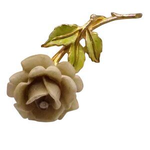 Vintage Resin Rose Bloom Brooch, Taupe Flower with Crystal and Green Enamel Leav